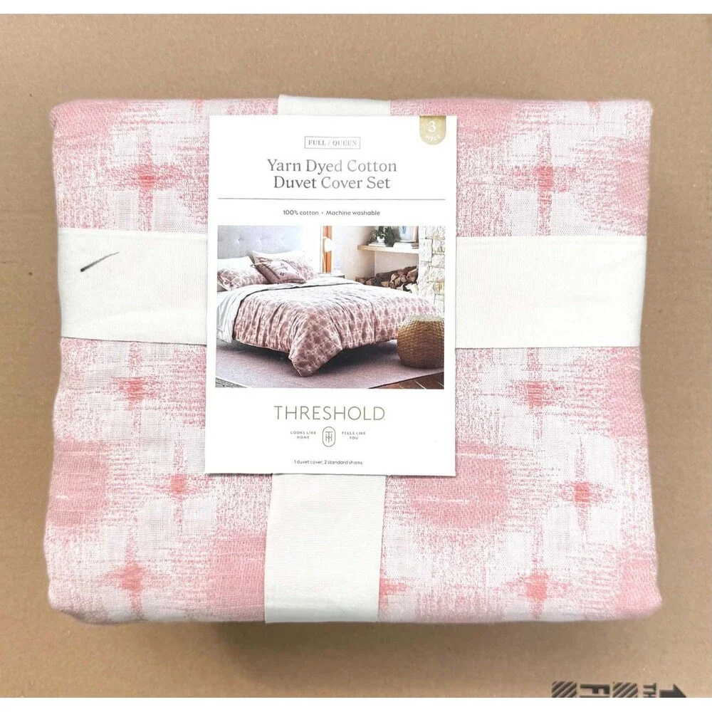 Threshold Yarn Dye Ikat Duvet Cover Set Full/Queen Ivory Mauve Cotton Slub